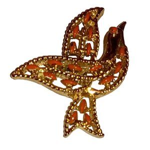 Vintage Gerry's Dove Peace Brooch - Gold tone Orange Enamel Filigree Brooch